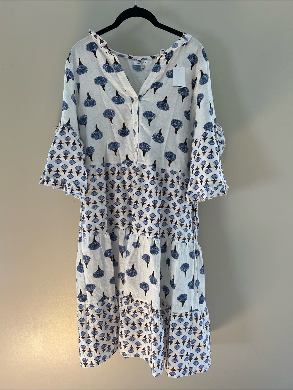 Umgee Blue and White Printed Tiered Midi Dress